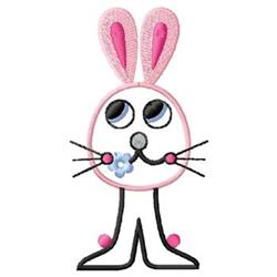 Playful pink bunny with large ears and a blue flower, outlined in black for whimsical Easter charm.