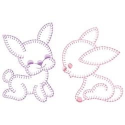 Playful pink bunny and soft gray bunny with large ears, perfect for Easter festivities.