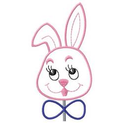 Cartoon-style bunny with large pink ears and smiling face, adorned with a blue infinity bow for Easter joy.