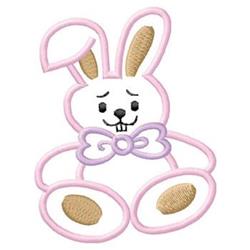 Cute bunny with pink outline, white body, and purple bow, perfect for Easter celebrations.