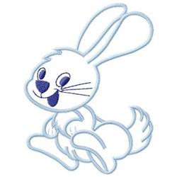 Cartoon bunny with large ears and a cheerful expression, in light blue and white colors, perfect for Easter.
