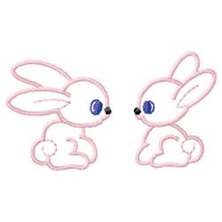 Cute bunny applique design featuring two pink-outlined bunnies with blue eyes, perfect for Easter.
