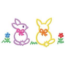 Playful bunnies in purple and yellow with bows, surrounded by colorful flowers for a cheerful Easter design.