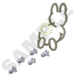 Playful bunny in soft green thread with light gray footprints, ideal for Easter-themed projects.