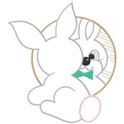 Cute bunny with large ears and a green bowtie sitting by a mirror, perfect for Easter themed kids' items.