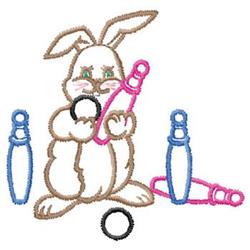 Whimsical bunny rabbit with brown fur playing with colorful blue bowling pins and a pink ring for Easter.