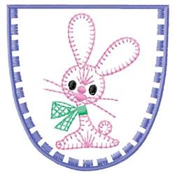 Playful bunny rabbit with large ears and green bow tie, outlined in pink, against a white background with a lavender scallope
