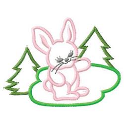 Playful pink bunny resting on a green cloud, surrounded by vibrant trees, perfect for springtime nursery themes.