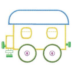 Colorful caravan with a blue roof, yellow body, and round green wheels, perfect for playful decor.