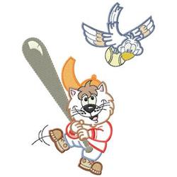 Cartoon cat with brown and white fur excitedly holds a baseball bat while a bird flies above, ready to drop a baseball.