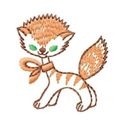 Playful cat with light brown fur, dark stripes, and bright green eyes, adorned with a bow in this cute design.