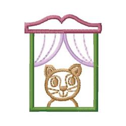 Playful cat face peeking through a green window frame, framed by pink and purple curtains, creating a cheerful scene.