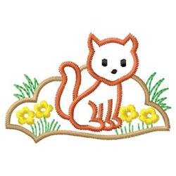 Playful cartoon cat in orange on green grass, surrounded by yellow flowers and a fluffy cloud.