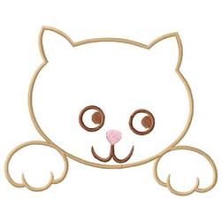 Playful cat head with large expressive eyes and a small pink nose, featuring soft rounded shapes.