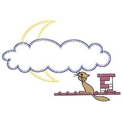 Playful cat sitting on a rooftop, gazing at a pastel crescent moon and soft blue cloud in a whimsical nighttime scene.