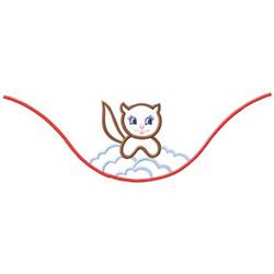 A playful cartoon cat outlined in brown sits on a light blue fluffy cloud, framed by red curved lines.