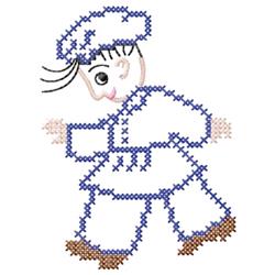 Cross stitch chef character in a blue coat and brown shoes, smiling playfully with black hair.