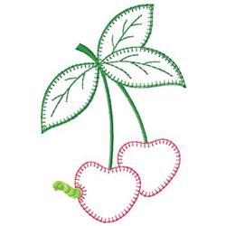 Playful cherry design featuring two red cherries, vibrant green leaves, and a pink outline, perfect for casual decor.