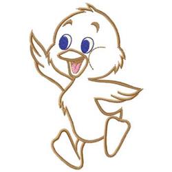 Cheerful cartoon chick character with a round body, blue eyes, and a playful expression, perfect for children's items.