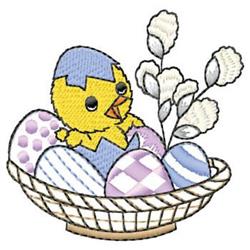 Colorful chick in a woven basket filled with pastel eggs, adorned with stripes and polka dots, perfect for Easter.