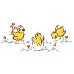 Whimsical chicks in vibrant colors celebrate Easter among red flowers and green grass, with one chick in a cracked egg.