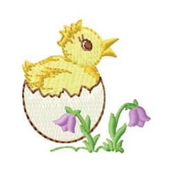 A cheerful yellow chick popping out of a white eggshell, surrounded by purple flowers, perfect for playful Easter designs.