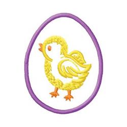 Cute yellow chick in a decorative purple egg outline, playful cartoon style for Easter.