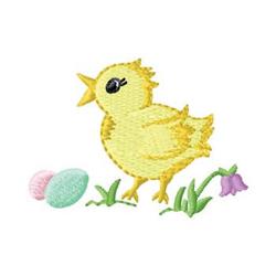 Cute yellow chick on green grass with pastel eggs and a purple flower, perfect for Easter designs.