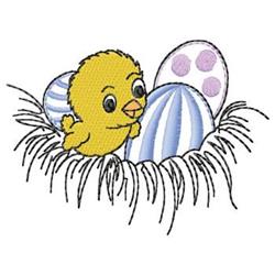 Cheerful yellow chick in a nest with pastel striped Easter eggs. Cartoonish and playful design for springtime.