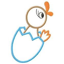 Cute chick with an orange beak emerging from a cracked blue eggshell, perfect for whimsical Easter decor.