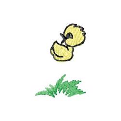 Yellow chick playfully pecking in green grass, cartoon style for a cheerful Easter theme.