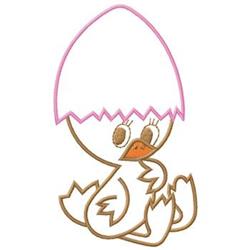 Cute chick with orange beak under pink cracked eggshell, set against a white background for a whimsical Easter design.