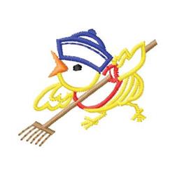 Playful chick applique wearing a blue hat, red scarf, and holding a rake, on a simple background.