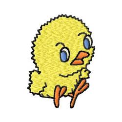 Cartoonish chick with fluffy yellow feathers, blue eyes, and orange beak. Perfect for spring designs.