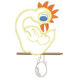 Playful chicken with a vibrant orange comb and blue eye, featuring a hanging egg below, perfect for spring.