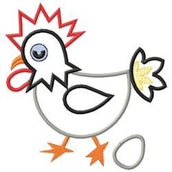 Playful cartoon chicken with a red comb, blue eye, and yellow tail, beside a cheerful egg. Perfect for spring.
