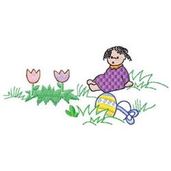 Child with braided hair sits on grass, in a purple checkered outfit, surrounded by tulips and a colorful Easter egg. Perfectl