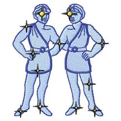 Two stylized classical figures outlined in blue, one with hands on hips, sparkles add a playful touch.