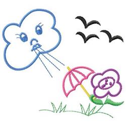 Whimsical cloud with a face blowing wind, colorful umbrella, blooming flower, and birds in flight, spring theme.