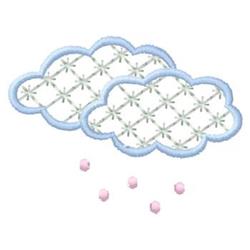 Playful clouds with light blue outlines and a white star-patterned body, with pink raindrops below, evoke spring cheer.