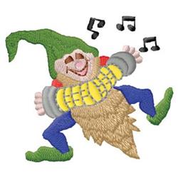 Cheerful clown in playful applique, wearing a green hat and yellow scarf, surrounded by musical notes.