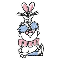 Cheerful clown with blue hair and pink collar, and a cute rabbit on top, in soft pastel colors for Easter.