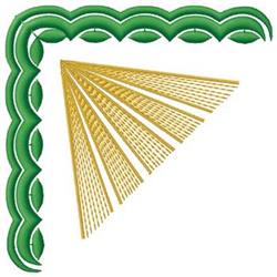 Elegant embroidery border design featuring green leaves and dynamic gold lines in a geometric style.