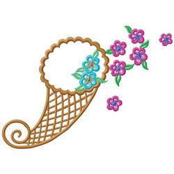 Cross stitch cornucopia in warm brown with a decorative rim, colorful pink and blue flowers, spring vibe.