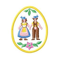 Stylized couple in traditional attire, framed in a yellow egg with flowers and leaves, perfect for Easter festivities.
