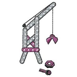 Cartoonish gray and pink crane with a hook and pulleys, plus a nut and bolt, perfect for playful children's items.