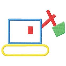 Playful crane with blue rectangle, red cross, and green shovel on a cheerful yellow base. Perfect for kids!