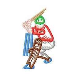 Cricketer in colorful action, wearing a red shirt, blue pads, and green cap, poised to bat. Sports embroidery.