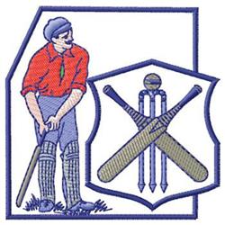 Vintage cricketer in a red shirt and grey trousers, poised with a bat, set against a blue shield featuring crossed bats and s