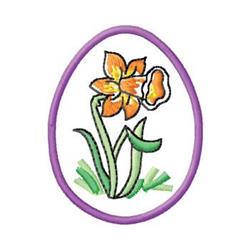 Cheerful daffodil in applique with bright orange petals and green leaves, framed by a purple oval. Perfect for Easter.
